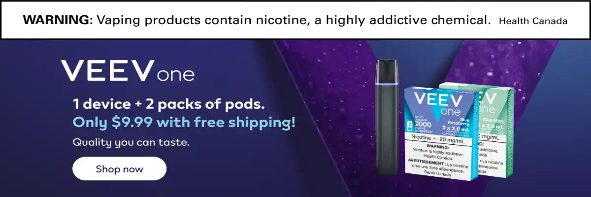 Advertisement for VEEV one vaping device and pods with a promotional offer on a purple background.