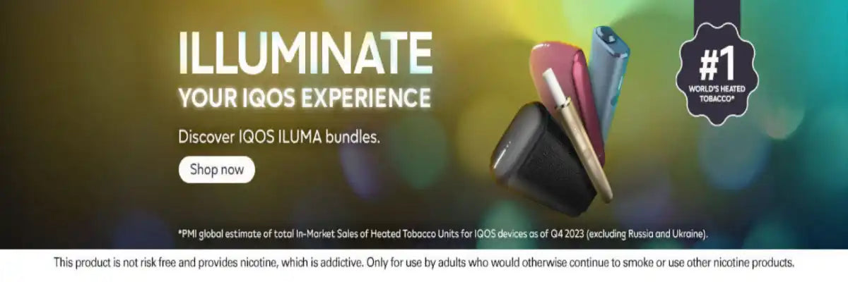 Advertisement for IQOS ILUMA bundles with product display and promotional text.