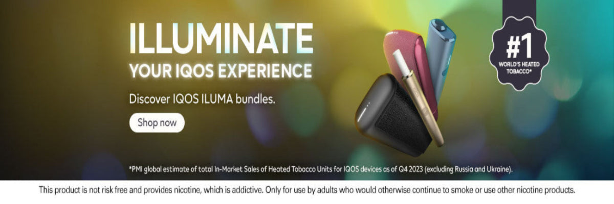 Advertisement for IQOS ILUMA bundles with product display and promotional text.