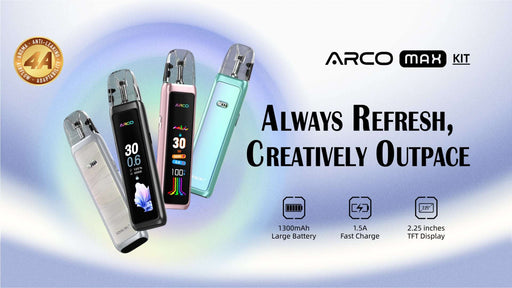 ARCO MAX Kit vaping device with features listed on a gradient background