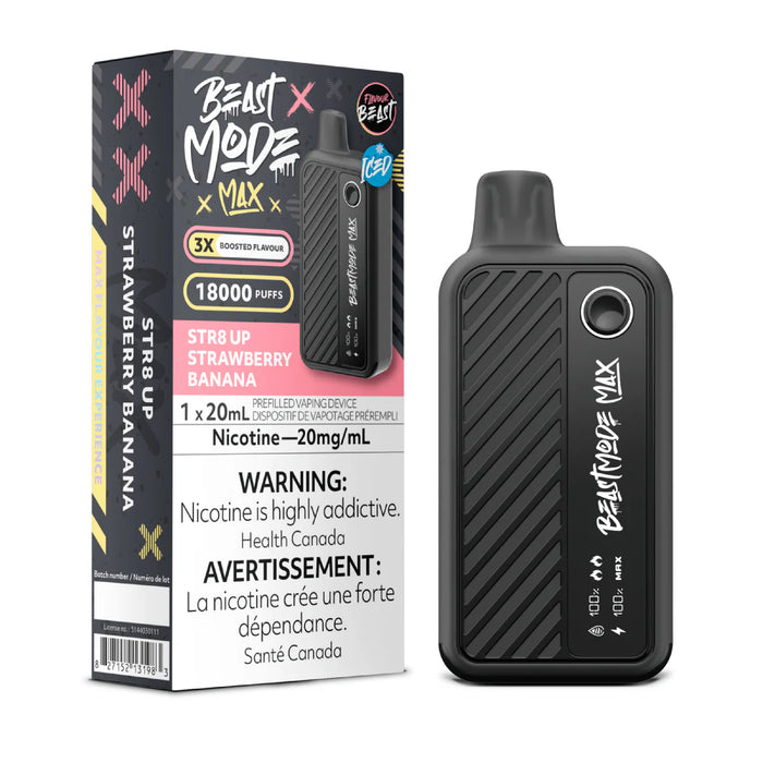 FLAVOUR BEAST BEAST MODE MAX 18K STR8 UP Strawberry Banana ICED / 20MG Disposables FLAVOUR BEAST BEAST MODE MAX 18K